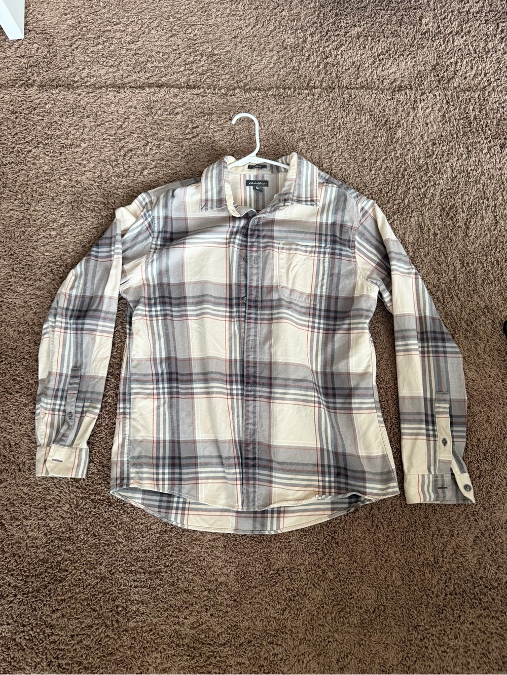 Eddie Bauer Plaid Button-Down Shirt in Cream and Gray